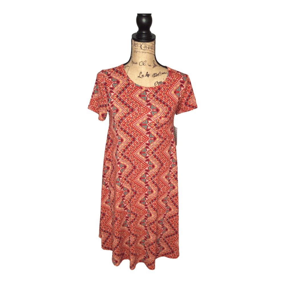 Lularoe Carly Women Dress Fit N Flair Size XXS Geometry Stretch Multicolor Swing
